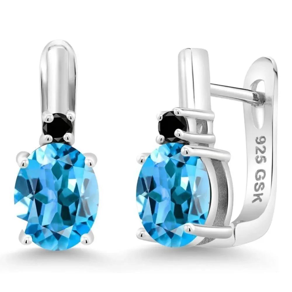 925 Sterling Silver with 4.53 Cttw Swiss Blue Topaz and Black Diamond Earrings